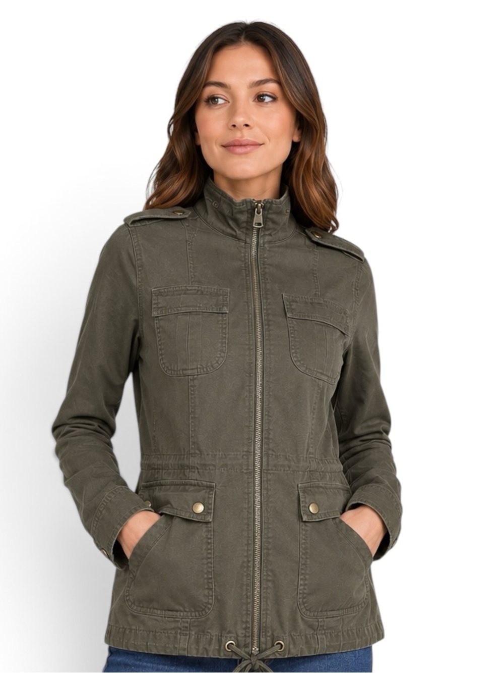 Kenar Olive Green Utility Military Jacket with Zip & Drawcord SZ L EUC Napoleon